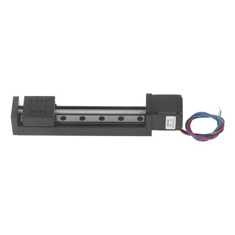 Front view of 100mm Stroke Linear Slide Table with beefed up 28 stepper motor, alloy build, single rail motion actuator, precise X Y Z axis movement.