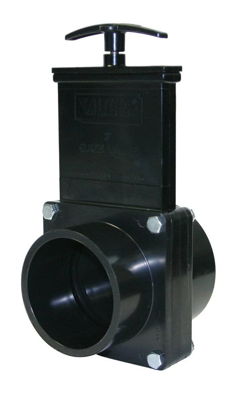 Valterra ABS gate valve, 3-inch slip x spigot, black plastic with T-handle