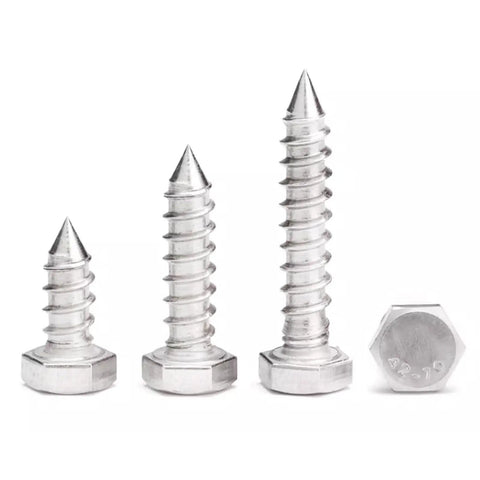Quarter Inch By One And A Half Inch Hex Head Lag Screws In 304 Stainless Steel For Wood Construction Pack Of Twenty Heavy Duty Hex Lag Screws Corrosion Resistant For Outdoor Use And Heavy Duty Construction Projects. Multiple sizes of screws with hex heads shown.