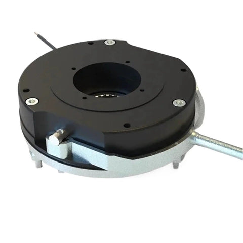 Electromagnetic loss-of-power brake BN18, round black housing with central bore, metal base and wiring lead