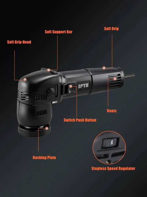 Compact 3 Inch Orbital Polisher With 10mm Orbit 780W Variable Speed Dual Action Ergonomic Grip Includes Polishing Pads Sanding Discs And Pad Conditioning Brush For Quick Easy Detailing, black with labeled features