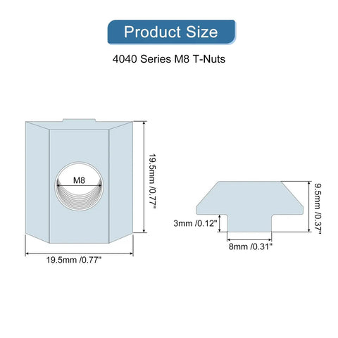 Diagram of Heavy Duty 4040 Series T Slot Nuts M8 Hammer Head Fasteners Nickel Plated Carbon Steel Sliding Nuts with size dimensions.