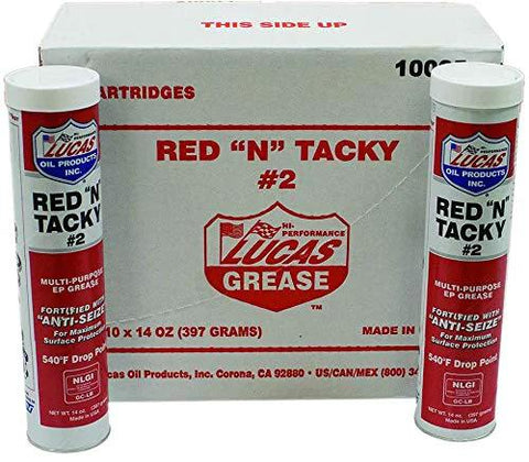 Lucas Red N Tacky #2 grease two tubes, white tubes with red labels and Lucas logo, box in background