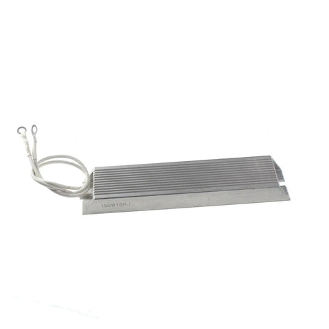 Side view of finned aluminum-case power resistor, 150W 10Ω with ring-terminal leads