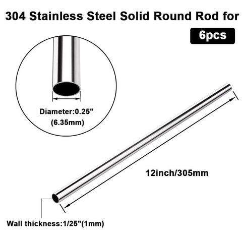 6pcs 304 stainless steel round tubes, 1/4 in OD, 12 in long, 1 mm wall thickness