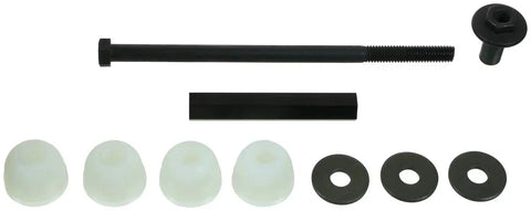 Top-down view of MOOG suspension stabilizer bar link kit components: bolt, spacer, four white bushings, three washers