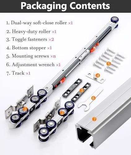 Components of Soft Close Sliding Pocket Door Kit With 10.8ft Barn Door Track System in silver finish, unpacked and displayed