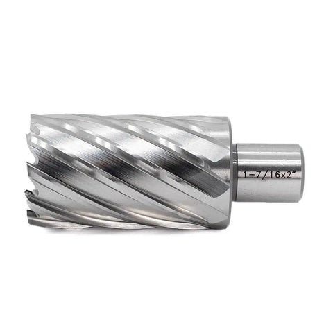 Annular Cutter For Magnetic Drill Press One And Seven Sixteenths Inch Cutting Diameter With Two Inch Cutting Depth Three Quarter Inch Weldon Shank And Two Flats Pilot Pin 6.34x102mm Delivers Holes Up To Ten Times Faster Than Regular Bits For Quick Heavy, side view