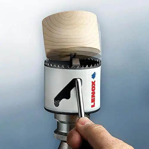 Bi Metal Hole Saw Kit For Wood And Metal, T3 Electricians And Plumbers Kit, showing a wood plug removed, with Lenox branding visible.