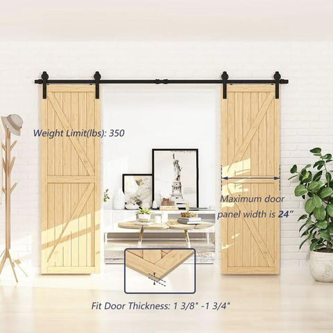 Heavy Duty 12 Foot Sliding Barn Door Hardware Kit For Double Doors With Ultra Quiet Smooth Operation And Easy Install Track System Featuring Basic I Pulley Carbon Steel Frosted Black Finish No Door Included installed in living room