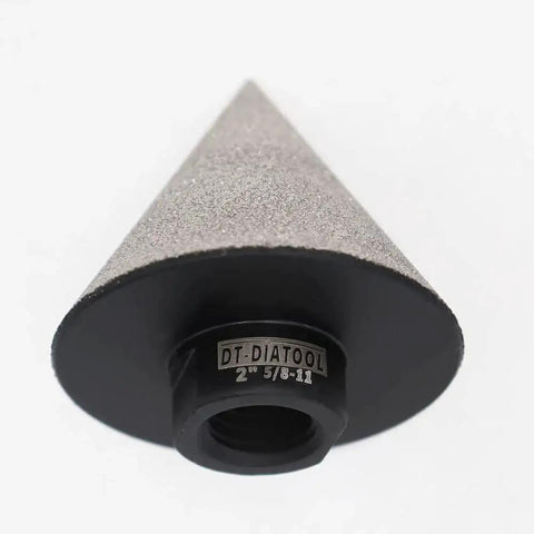 Front view of Pro Grade Diamond Beveling Chamfer Bit for Granite and Marble Tiles, 2 Inch Diamond Hole Saw With Five Eighths Inch Eleven Thread For Angle Grinder, Enlarge And Shape Existing Holes From One Quarter Inch To Two Inch DT-DIATOOL