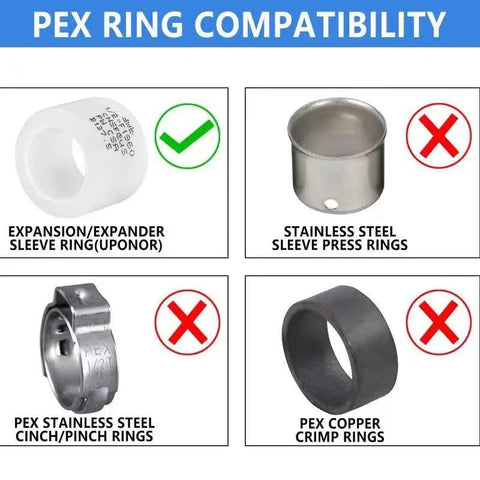PEX ring compatibility: expansion sleeve ring accepted; other rings stainless steel cinch/pinch copper crimp not compatible