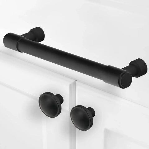 Matte Black Cabinet Pulls 10 Pack 5 Inch 128mm Hole Centers Aluminum Kitchen Cabinet Handles installed on white door