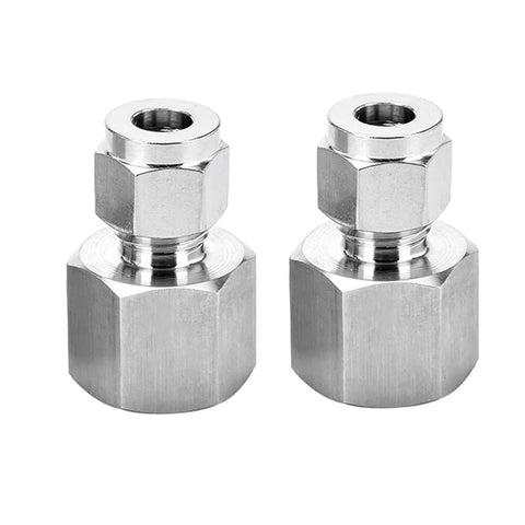 Stainless steel 304 compression tube fittings, two pieces, 3/8 in OD x 3/8 in NPT female, front view.