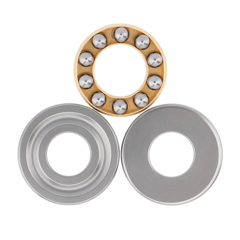 CLAHJQX F8-19M thrust ball bearing set with 8mm bore, 19mm OD, 7mm thick; gold ball bearing and two silver race rings.