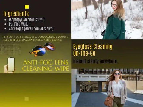 Anti Fog Eyeglasses Cleaning Wipes And Microfiber Cloth For Glasses Screens with ingredients and lifestyle images