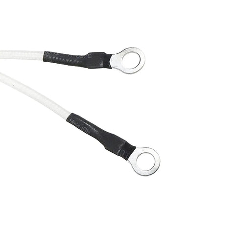 Braking resistor lead wires with ring terminals; two white conductors with black heat-shrink
