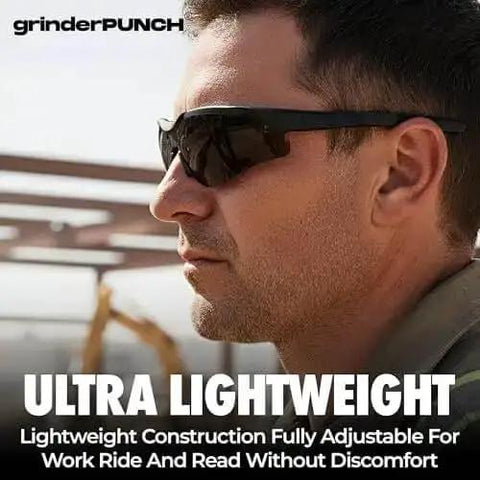 Side view of a person wearing Built In Bifocal Safety Sunglasses With Magnifier For Reading And Work ANSI Z87 Impact Resistant Sun Readers.