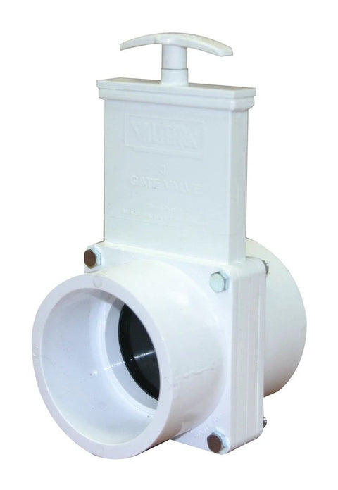 Valterra 3-inch PVC gate valve with slip joints, white, T-handle