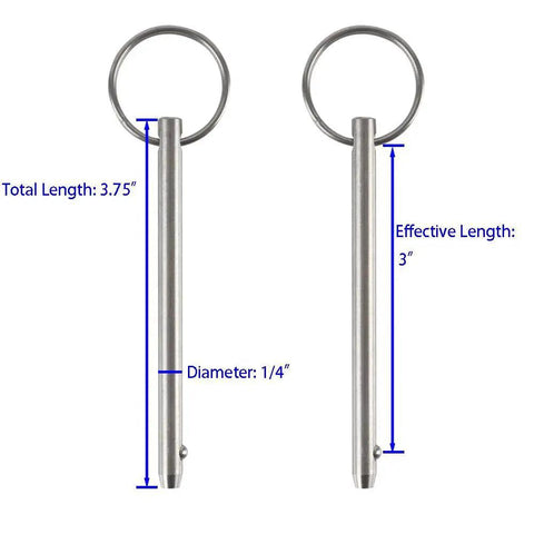 Front view of 4 Pack Quick Release Pin For Bimini Tops And Marine Hardware, 1/4 inch diameter, 3.75 inch length, 316 stainless steel.