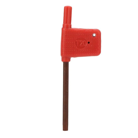 Red T20 Allen key with plastic handle on white background, side view
