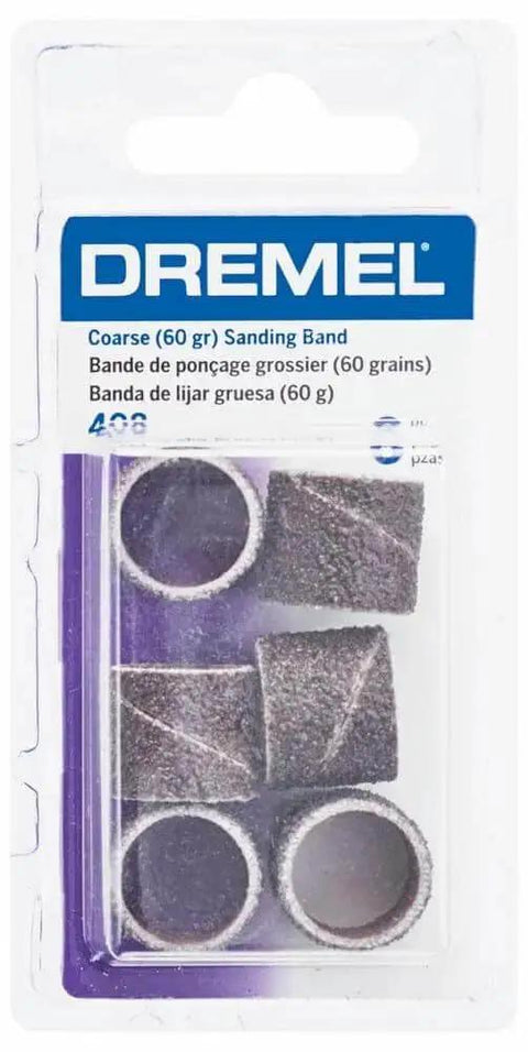 Pack of six purple coarse sanding bands in plastic case for rotary tools, labeled Dremel 60 Grit, 1/2 inch. "Beast Half Inch Coarse Sander Bands Set For Rotary Tools 60 Grit 6 Pack Dremel Compatible Built For Wood Metal Fiberglass Smoothing And Rust Removal For Metal And Wood Surfaces."