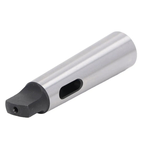 MT1–MT3 Morse taper adapter, steel reducing sleeve; silver cylindrical body with black taper end (side view)