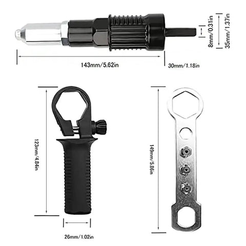Electric Rivet Gun Attachment Kit For Drill With Four Rivet Heads 2.4mm 3.2mm 4.0mm 4.8mm, black and metal kit parts with measurements