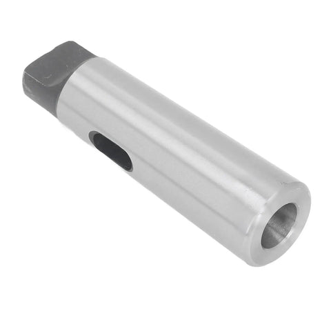 Morse taper drill sleeve reducing adapter — side view; steel, silver cylindrical body with black end and side hole.