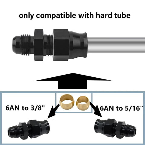 4-pack aluminum 6AN male flare to hard tube adapters, black; includes 3/8" and 5/16" tube ends