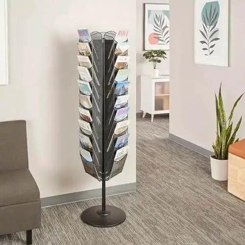 Onyx Rotating Mesh Magazine Holder With 30 Pockets Display Rack For Journals And Catalogs 360 Degree Spin Brochure Organizer in office