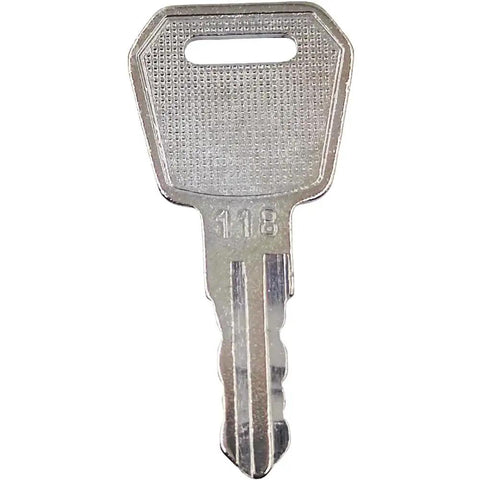 Three Pack Ignition Keys 1115-500016-00 Compatible With Big Joe Electric Pallet Jacks E30 EZ30, silver key with number 118 visible