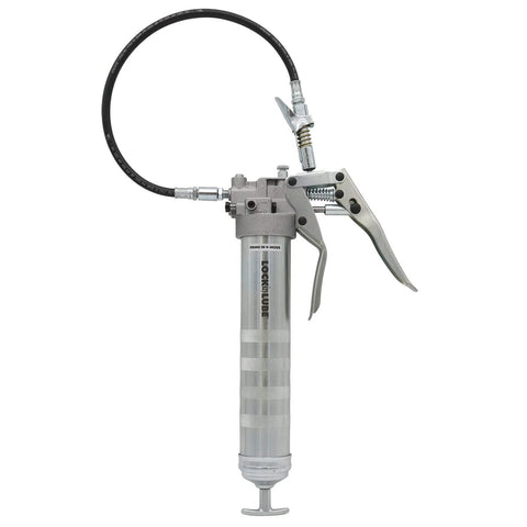 LockNLube professional dual-mode pistol grip grease gun with silver metal body, 20 in hose, inline swivel coupler