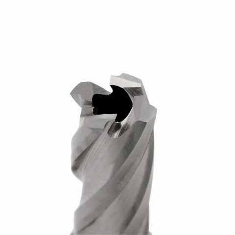 Close-up of the top view of M2AL HSS Annular Cutter One Inch Depth Of Cut For Magnetic Drill Press With Three Quarters Inch Weldon Shank And Free Pilot Pin