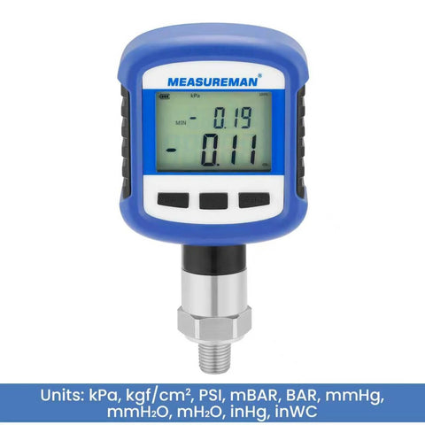 Measureman digital pressure gauge, blue handheld unit with LCD display, 1/4''NPT bottom connection, battery powered.