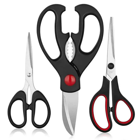 Boss All Purpose Kitchen Scissors 3 Pack Set For Poultry Fish And Vegetables Stainless Steel Sharp Shears with black and red handles