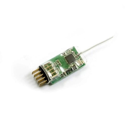 Ultra Tiny 2.4GHz DSM2 Micro Receiver for JR and Spektrum Transmitters with four channels, shown with pins and circuit board.