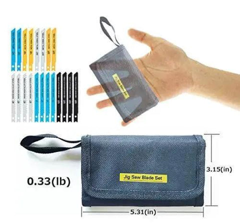 20 Piece Universal Jig Saw Blade Set With Tool Bag For Wood Plastic And Metal Cutting U Shank Compatible With Over 90 Percent Of Jigsaws From Bosch Makita Milwaukee Metabo And More, shown with carry pouch and blades