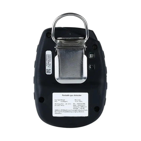 Back view of Portable Oxygen O2 Gas Detector with sound light vibration alarm and clip, continuous run, 0 to 30 percent volume.