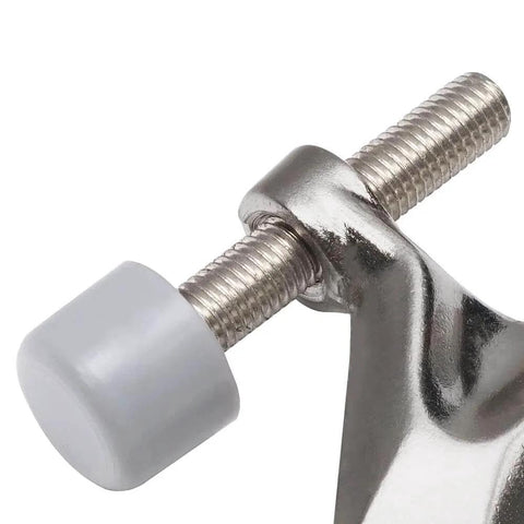 Close-up of adjustable heavy duty hinge pin door stopper in brushed satin nickel with gray rubber bumper tips.