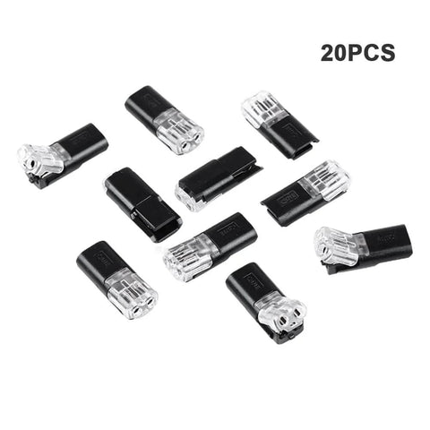 20 Pack Double-Wire Push-In Connectors With Locking Buckle, Quick 2-Pin Terminal Blocks, No Wire Stripping Required, black and transparent.