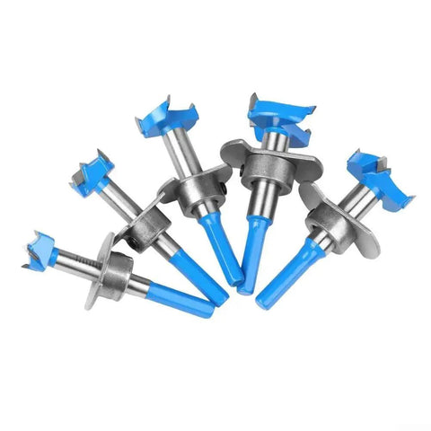 Set of five carbide hinge boring bits for accurate drilling in laminate, plywood, and hardwoods with multi drill compatibility.