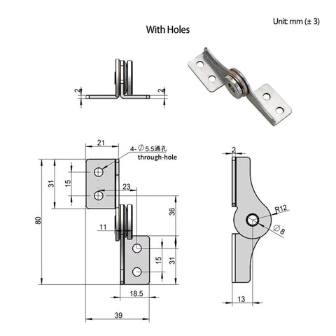 Through-hole damping torque hinge, 304 stainless steel with free-stop blade, 1 pc, front view with mounting holes