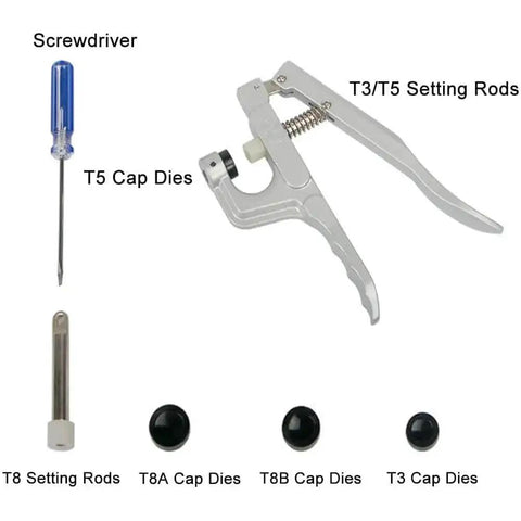 Snap Pliers Kit For No-Sew Button Snaps Handheld Press Attacher With T3 T5 T8 Dies And Rods, including screwdriver and plastic cap dies.