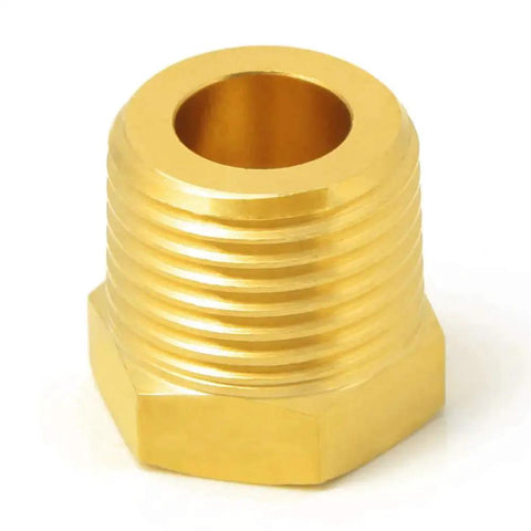 Close-up of Brass Reducer Bushing One Inch Male NPT To One Quarter Inch Female NPT Reducing Pipe Adapter Fitting