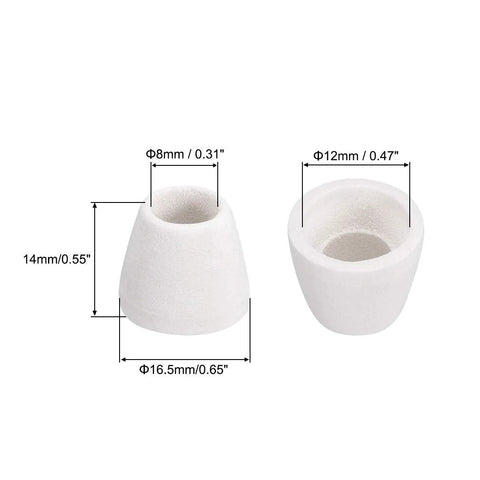 Two white ceramic electrical insulator beads, tapered porcelain tubes; 8mm bore, 16.5mm base, 14mm height.