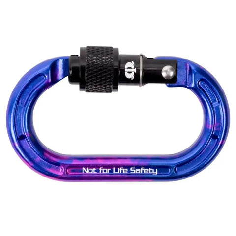 Mini Aluminum Keylock Screw-Lok Carabiner For Throwline Setup And Gear Mounting in blue with black screw lock, marked 'Not for Life Safety.'