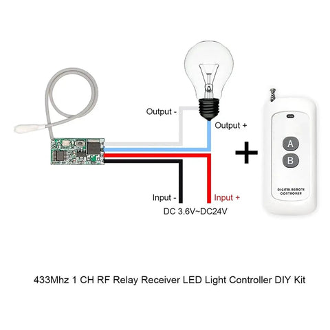 Wireless Relay Switch Kit With 433MHz Remote, 984ft Long Range diagram showing circuit connection to light bulb and remote control