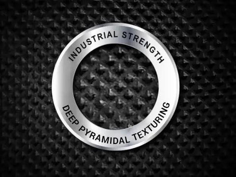 Close-up of deep pyramidal texturing, labeled 'Industrial Strength,' for Heavy-Duty Nitrile Disposable Gloves 6 Mil Latex-Free Raised Texture Box 100.