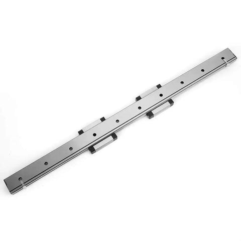 LMLF24B-400-2R Miniature Linear Guide Rail, 24mm width, with 2 slide blocks, shown at an angle to highlight length and precision design.